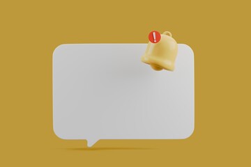 Playful 3D bell with a red alert badge attached to a white speech bubble on a yellow background. Contemporary, clean layout with copy space app notifications, reminders, product updates,promos, and UI
