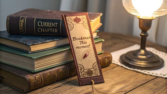 Elegant bookmark in stack of old hardcover books with bookmark this moment tag