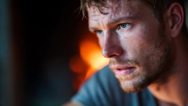 Man with facial hair and focused gaze illuminated by warm background light