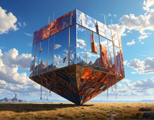 Surreal architectural marvel: A mirrored cube levitating above a vast desert landscape