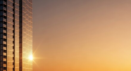 Modern Architecture: Skyscraper with Reflective Glass Facade at Golden Hour
