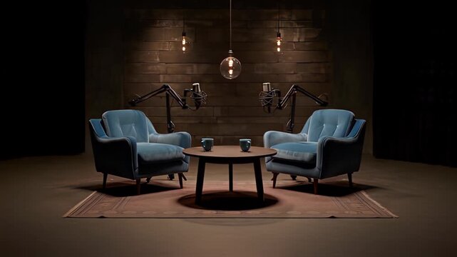 Empty Podcast Studio Setup with Two Armchairs and Microphones for Interview.