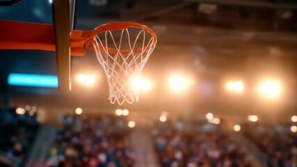 Basketball hoop and net in an indoor sports arena with bright lights and spectators