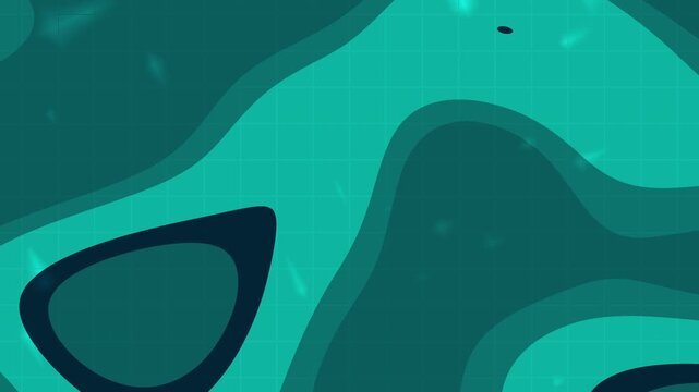 Teal and deep blue abstract shapes in fluid motion across a grid background with ethereal light sparks. Modern and dynamic digital art animation.