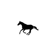A black silhouette of a horse galloping across a white background in a dynamic and energetic pose
