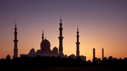 Stunning sunset silhouettes Sheikh Zayed Mosque in Abu Dhabi, creating a serene and peaceful scene perfect for travel, culture, or religious content
