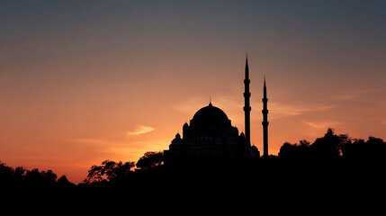Stunning mosque silhouette against a vibrant orange and purple sunset sky evokes peace and tranquility, perfect for travel blogs and spiritual content