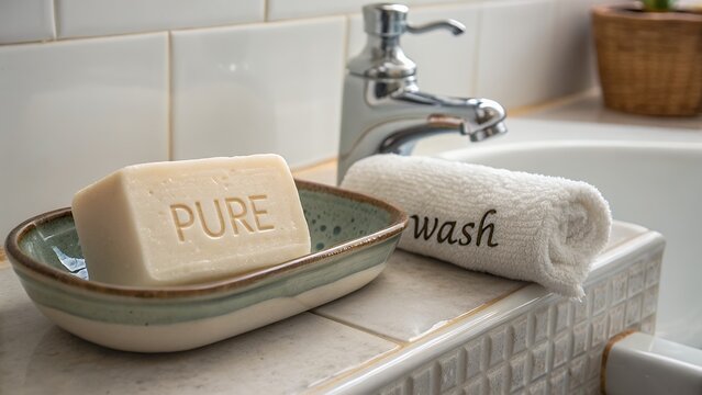 A pure bar of soap rests in a ceramic dish by a bathroom sink
