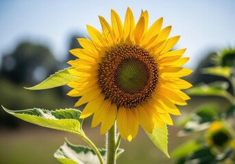 Fototapeta premium Vibrant yellow sunflower blooms prominently under bright daylight outdoors