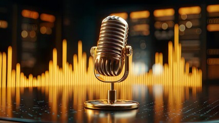 Golden Microphone with Dynamic Sound Waves in a Studio Setting.