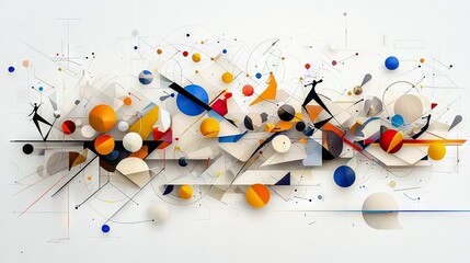 An abstract composition featuring geometric shapes, spheres, and thin lines on a white background.