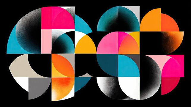 A dynamic abstract composition featuring geometric shapes like circles, squares, and arcs in bold colors and gradients against a black backdrop.