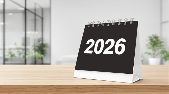 2026 2025 new year calendar end goal year black desk calendar on office table with modern interior and subtle plants conveying anticipation and motivation for new year