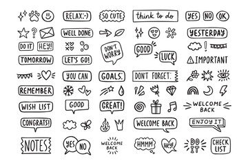 Cute planner stickers with words and tiny icons, butterfly and sparkles, school doodle set, hand drawn Monochrome line art outline, clean contour style, hand drawn.