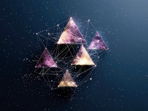 A cluster of interconnected, glowing pyramids with cosmic patterns inside, set against a dark, star-filled background. - Powered by Adobe
