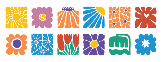 hand drawn poster abstract flowers groovy retro style. floral square botanical icon. freehand naive bright 70s style 