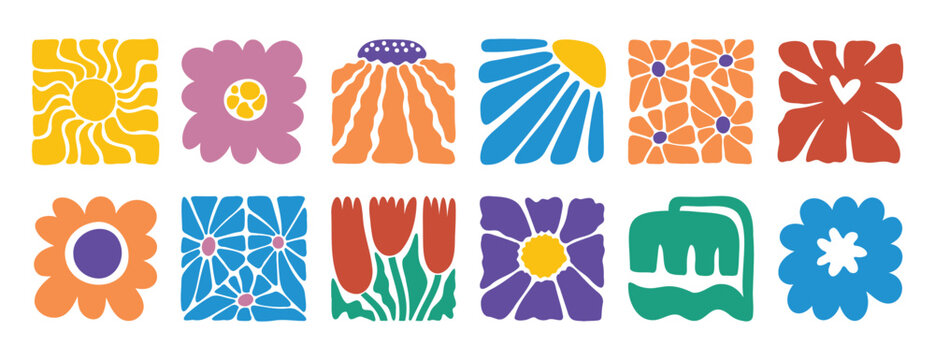 hand drawn poster abstract flowers groovy retro style. floral square botanical icon. freehand naive bright 70s style 