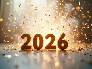 Happy New Year 2026, Sparkling golden numbers illuminated by a burst of light, surrounded by falling confetti and warm festive bokeh background.