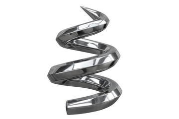 Shiny metal spiral with a chrome finish standing upright, depicting innovative motion and abstract design