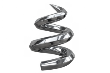Shiny metal spiral with a chrome finish standing upright, depicting innovative motion and abstract design
