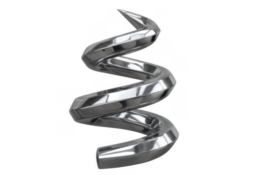 Shiny metal spiral with a chrome finish standing upright, depicting innovative motion and abstract design - Powered by Adobe