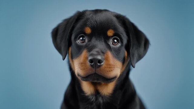Adorable Rottweiler puppy with black and tan fur looking curiously at the camera against a blue studio background, head tilting with innocent expression.