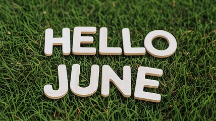 A cheerful hello june greeting displayed with white block letters on vibrant green grass, symbolizing the arrival of summer and a fresh start to the month