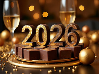 New Year 2026 Celebration, Golden glitter chocolate numbers on chocolate cubes, flanked by champagne glasses and sparkling golden bokeh lights.