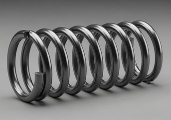 Helical metal coil component rests horizontally against a neutral backdrop