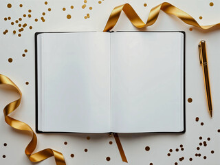 Open notebook with blank pages, golden pen, ribbon and confetti on white background. Elegant flat lay layout for celebration or planning.