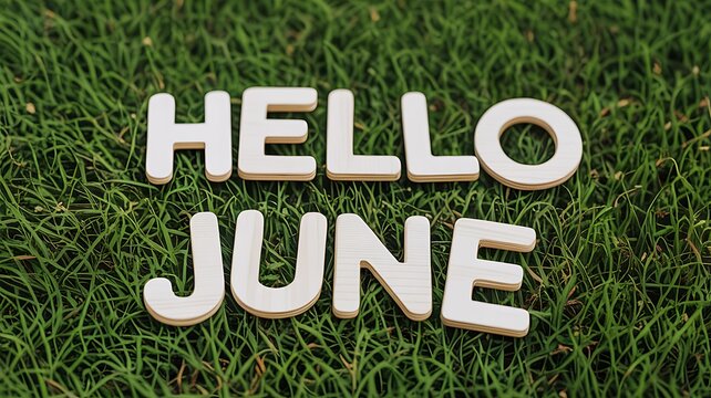 A cheerful hello june greeting displayed with white block letters on vibrant green grass, symbolizing the arrival of summer and a fresh start to the month