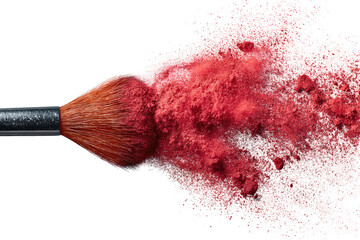 Makeup brush with a burst of rose-toned powder.  A makeup brush, dark handle,  and light-brown bristles, is centered. 