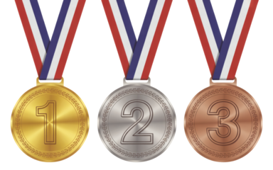 Stunning gold silver bronze medals with vibrant ribbons celebrate achievement, victory, and top rankings.