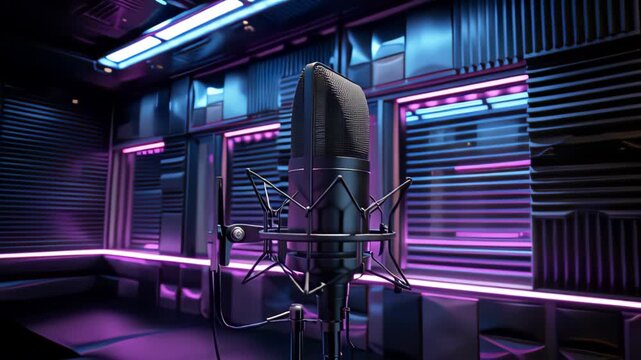 Professional Recording Studio with Neon Lights and Microphone.