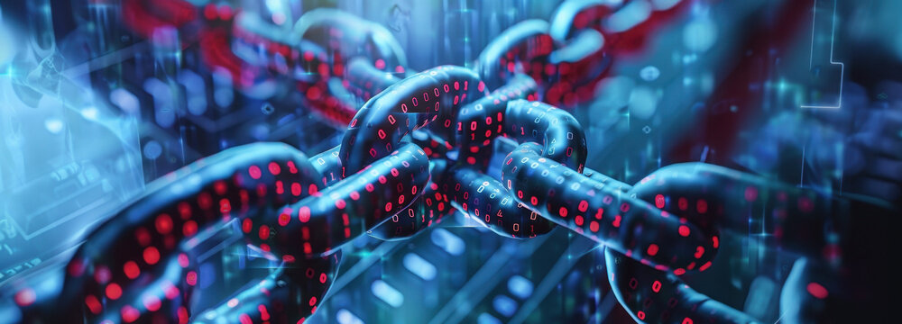 Digital Network Chain: A striking visual representation of a digital network chain, showcasing interconnected data, data encryption, and blockchain technology in a complex, futuristic.