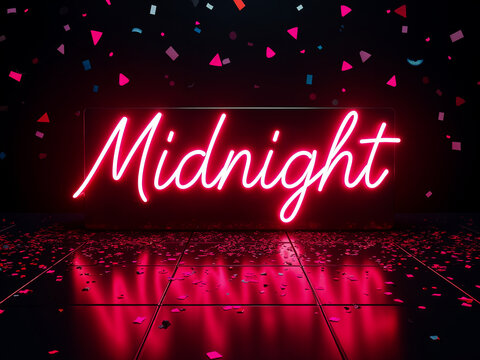 Vibrant pink neon sign displaying the word 'Midnight' on a reflective floor with falling confetti against a dark party background.