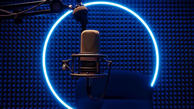 Professional Studio Microphone with Neon Blue Light Ring in a Modern Recording Booth.