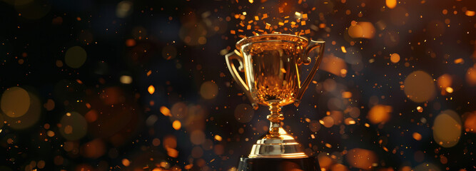 Golden Cup of Triumph: An isolated golden trophy shines brightly, set against a dark, blurred background with sparkling bokeh effects, evoking feelings of victory, and success.