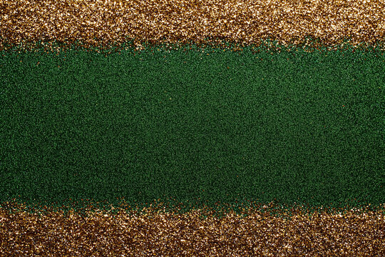 Gold Glitter Border Framing a Dark Green Glitter Background, Christmas Design Template