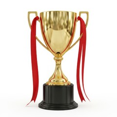 Gleaming golden sporting cup mounted on a dark pedestal with flowing red ribbons