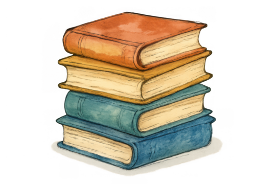 Stack of colorful books painted in watercolor for concepts of education, learning, knowledge, and wisdom, transparent background