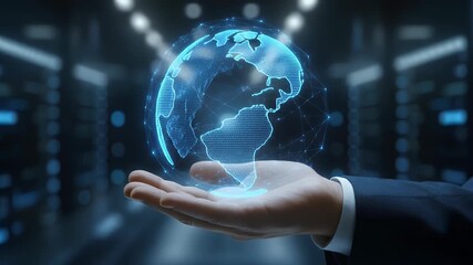 Hand holding a spinning digital blue holographic globe in a server room, concept of global data network, internet security, and connectivity. - Powered by Adobe