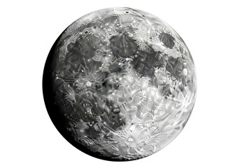 Detailed grayscale rendering displays the heavily cratered surface of a celestial sphere against a bright background.
