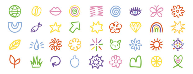 Cute planner doodle icons set sun cat grass leaf rainbow and more. Hand drawn.
