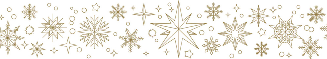 Obraz premium Sparkling Golden Stars and Snowflakes Border Graphic - A Festive Holiday Design Element for Celebrations