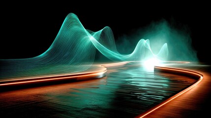 Abstract glowing turquoise waves rise and fall over a reflective surface with orange neon lights outlining a path.