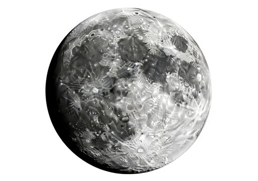Detailed grayscale rendering displays the heavily cratered surface of a celestial sphere against a bright background.