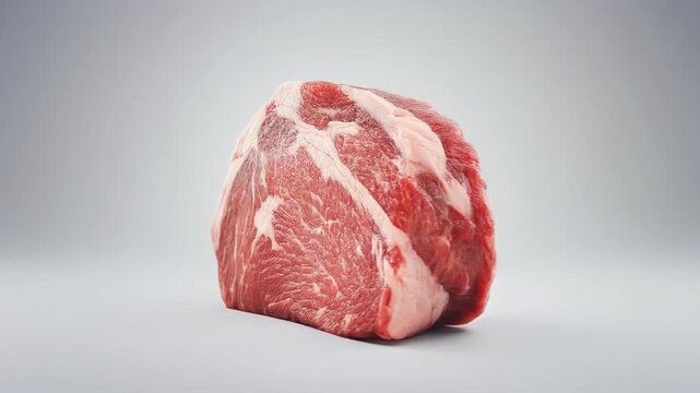 Large fresh chunk of raw red beef steak standing upright against a clean grey background, high-quality protein ingredient for cooking.
