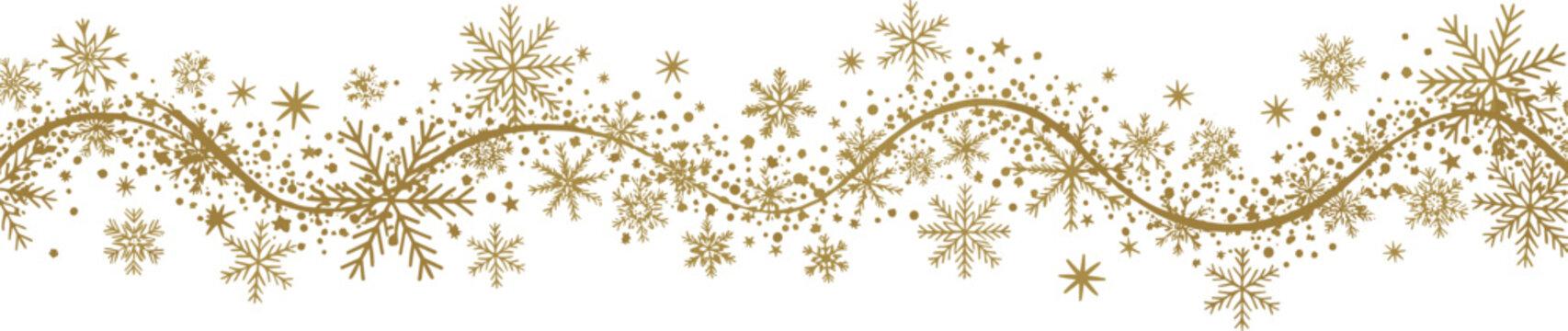 Elegant golden snowflake border design with swirling patterns and festive winter accents, perfect for holiday greetings and New Year decorations