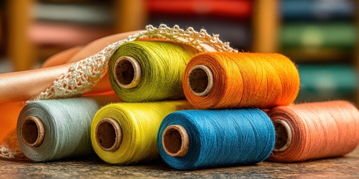 Colorful Sewing Threads and Fabric Rolls on a Tabletop